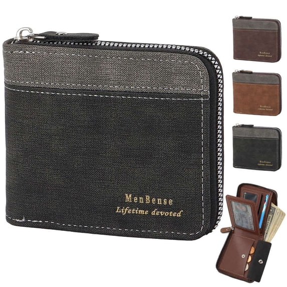BadPiggies Vintage Leather Wallet for Men Large Capacity ID Window Card Case Holder with Zip Coin Pocket - Black