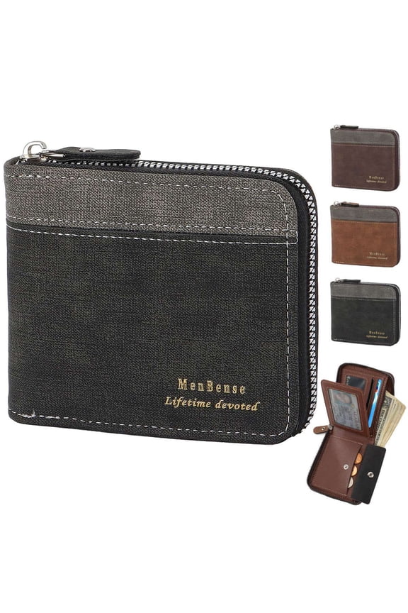 BadPiggies Vintage Leather Wallet for Men Large Capacity ID Window Card Case Holder with Zip Coin Pocket - Black