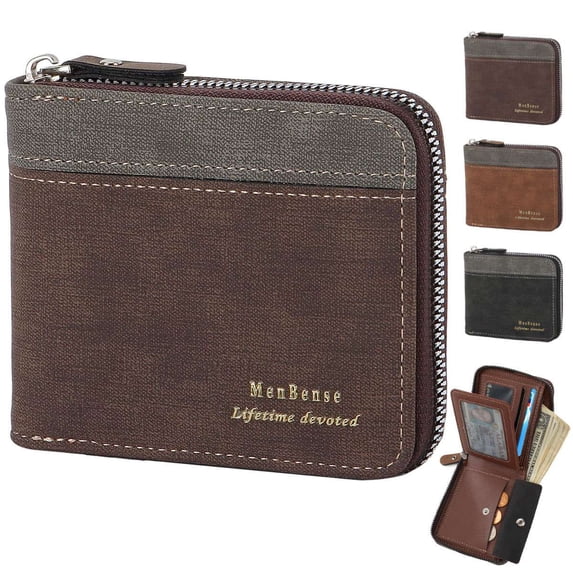 BadPiggies Vintage Leather Wallet for Men Large Capacity ID Window Card Case Holder with Zip Coin Pocket - Dark Brown