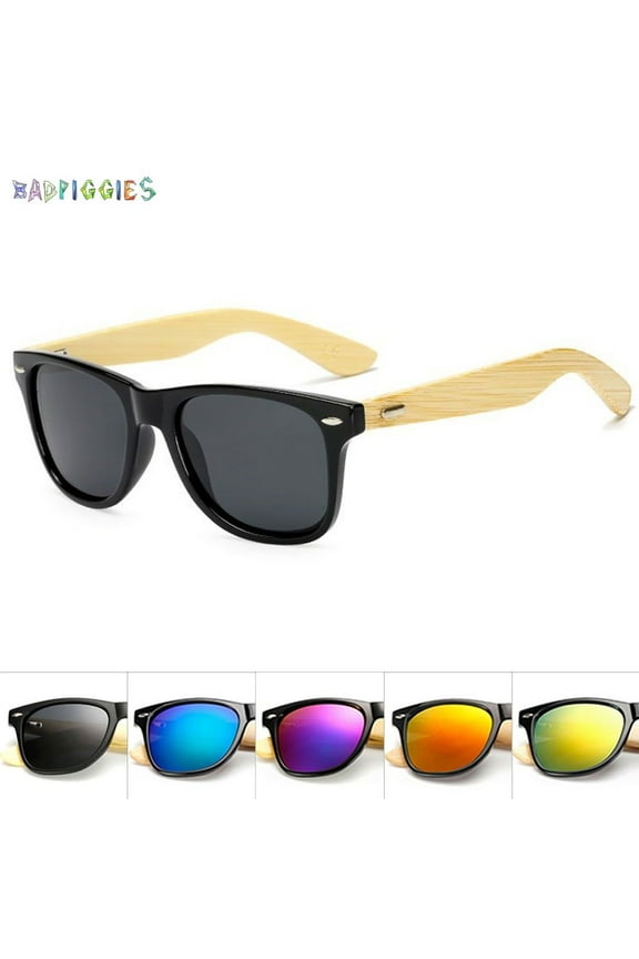 BadPiggies Vintage Wood Wooden Frame Mens Womens Glass Bamboo Sunglasses Eyewear UV400 Protection Polarized Lens (Black&Gray)