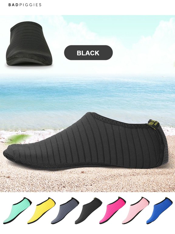 BadPiggies Water Skin Shoes Barefoot Quick-Dry Aqua Beach Yoga Stripe Socks for Men Women Kids (Black, M)