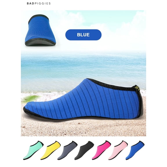 BadPiggies Water Skin Shoes Barefoot Quick-Dry Aqua Beach Yoga Stripe Socks for Men Women Kids (Blue, L)