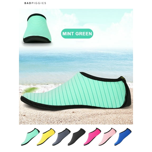 BadPiggies Water Skin Shoes Barefoot Quick-Dry Aqua Beach Yoga Stripe Socks for Men Women Kids (Green, M)