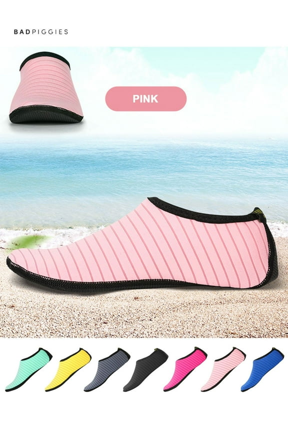 BadPiggies Water Skin Shoes Barefoot Quick-Dry Aqua Beach Yoga Stripe Socks for Men Women Kids (Pink, L)