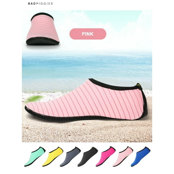 BadPiggies Water Skin Shoes Barefoot Quick-Dry Aqua Beach Yoga Stripe Socks for Men Women Kids (Pink, M)