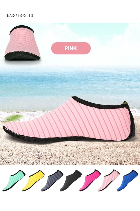 BadPiggies Water Skin Shoes Barefoot Quick-Dry Aqua Beach Yoga Stripe Socks for Men Women Kids (Pink, S)