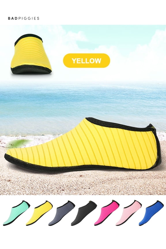 BadPiggies Water Skin Shoes Barefoot Quick-Dry Aqua Beach Yoga Stripe Socks for Men Women Kids (Yellow, L)