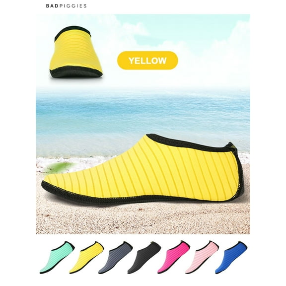 BadPiggies Water Skin Shoes Barefoot Quick-Dry Aqua Beach Yoga Stripe Socks for Men Women Kids (Yellow, M)