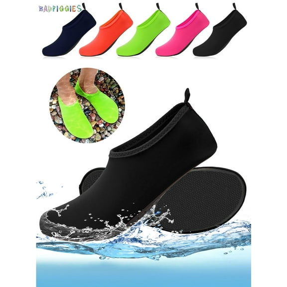 BadPiggies Water Socks Barefoot Quick-Dry Aqua Skin Shoes, Men Women Rubber Soles for Beach Pool Surf Swim Yoga (L, Black)