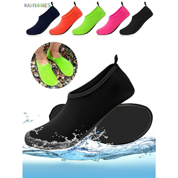 BadPiggies Water Socks Barefoot Quick-Dry Aqua Skin Shoes, Men Women Rubber Soles for Beach Pool Surf Swim Yoga (M, Black)