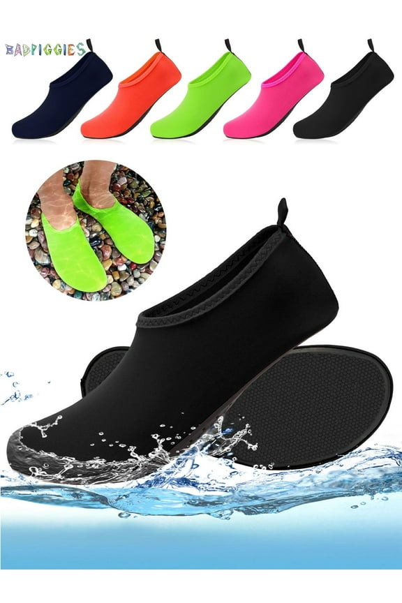 BadPiggies Water Socks Barefoot Quick-Dry Aqua Skin Shoes, Men Women Rubber Soles for Beach Pool Surf Swim Yoga (XXL, Black)