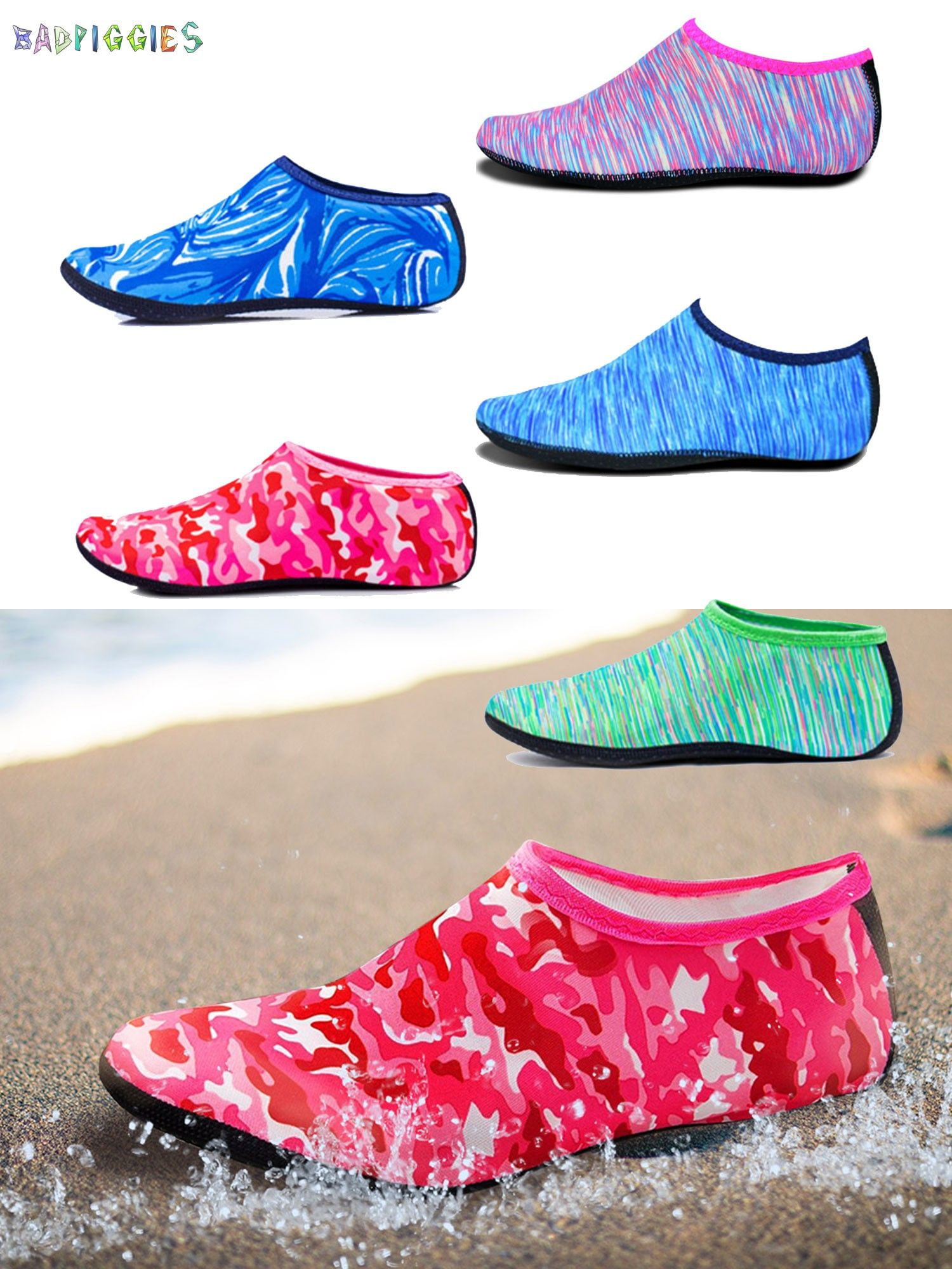 BadPiggies Water Socks Sports Beach Barefoot Quick-Dry Aqua Yoga Shoes  Slip-on for Men Women Kids (S, Line Green)