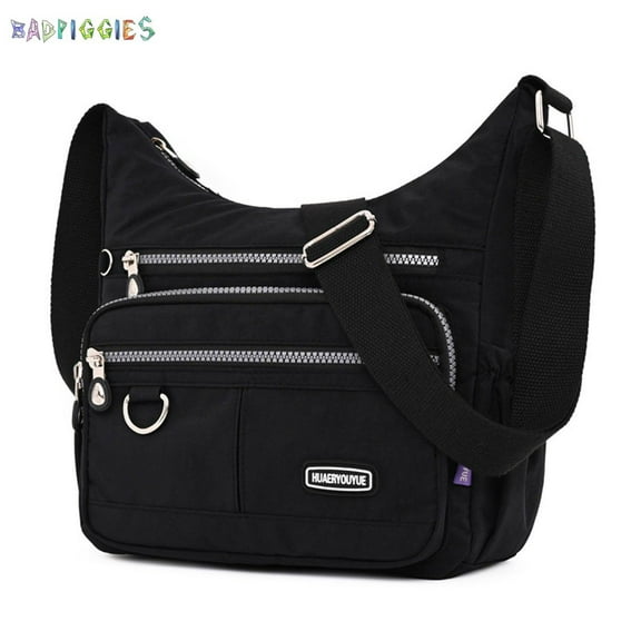 BadPiggies Waterproof Nylon Crossbody Bag Shoulder Purse Lightweight Messenger Bag Multi Zipper Pockets for Women Men (Black)
