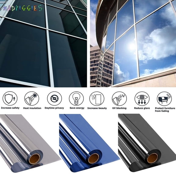 BadPiggies Window Film Daytime Privacy and Sun Control, Mirror Solar Reflective One Way Window Covering Film Tint Sticker (Blue)