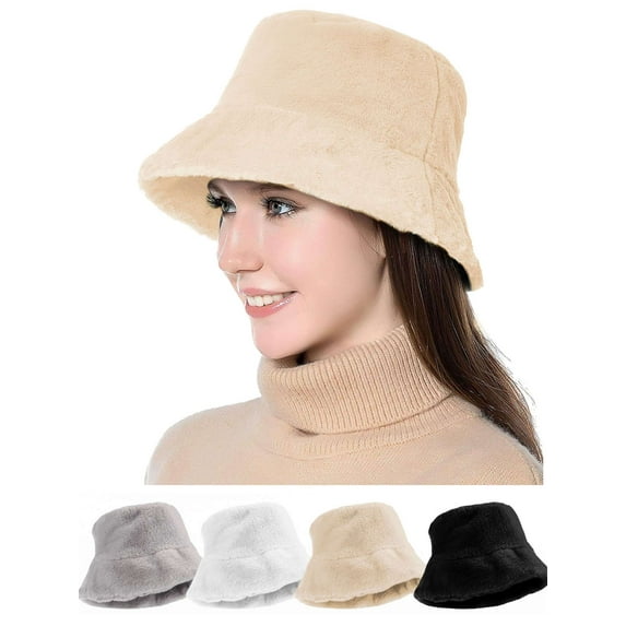 BadPiggies Winter Bucket Hat for Women Warm Hats Vintage Faux Fur Cozy Outdoor Fisherman Cap (Beige)