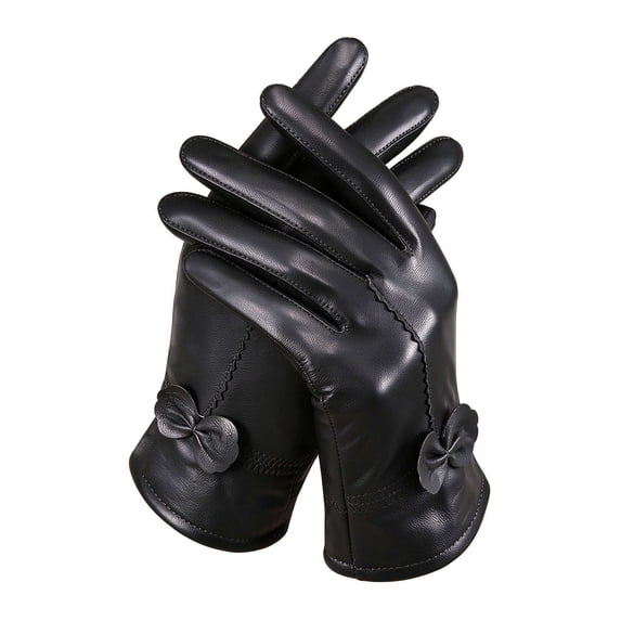 BadPiggies Winter PU Leather Gloves for Women, Waterproof Driving Dress Gloves with Fleece Lined Thermal Warm (Black)