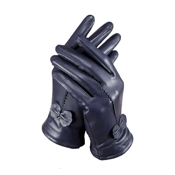 BadPiggies Winter PU Leather Gloves for Women, Waterproof Driving Dress Gloves with Fleece Lined Thermal Warm (Navy)