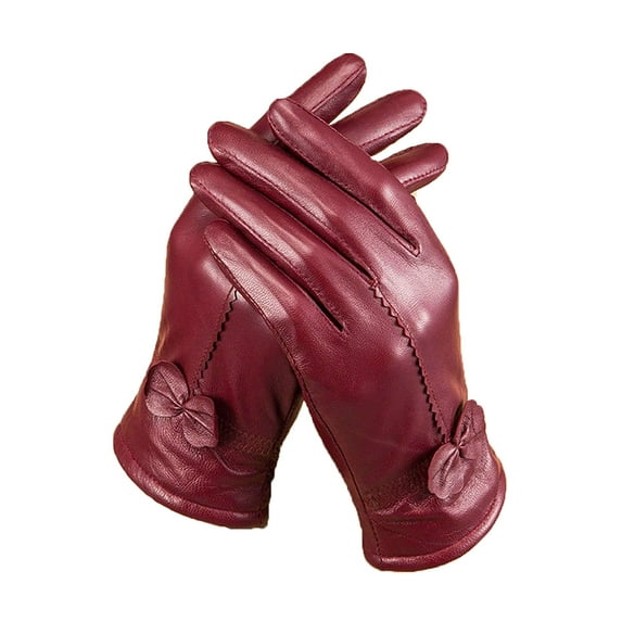 BadPiggies Winter PU Leather Gloves for Women, Waterproof Driving Dress Gloves with Fleece Lined Thermal Warm (Red)