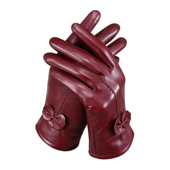 BadPiggies Winter PU Leather Gloves for Women, Waterproof Driving Dress Gloves with Fleece Lined Thermal Warm (Red)