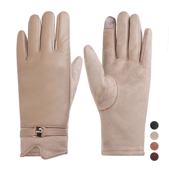 BadPiggies Winter PU Leather Suede Gloves for Women, Warm Thermal Touchscreen Texting Dress Driving Motorcycle Gloves Fleece Lining (Beige)
