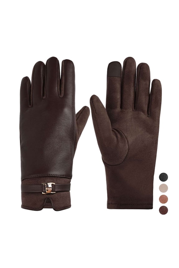 BadPiggies Winter PU Leather Suede Gloves for Women, Warm Thermal Touchscreen Texting Dress Driving Motorcycle Gloves Fleece Lining (Brown)