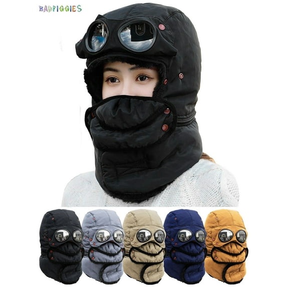 BadPiggies Winter Thermal Trapper Hat with Glasses Unisex Pilot Hats Full Face Neck Ski Hunting Outdoor Cap (Beige)