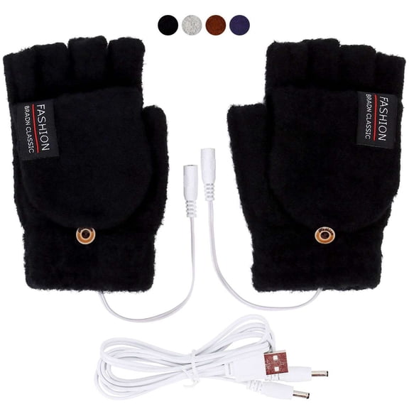 BadPiggies Winter USB Heated Gloves Fingerless Electric Hand Warmer Gloves Heated Mittens with Button for Women Men - Black