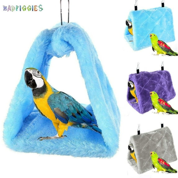 BadPiggies Winter Warm Bird Nest House Shed Hut Plush Fluffy Hanging Hammock Finch Cage Birds Hut Hideaway for Hamster Parrot Macaw Eclectus Parakeet Cockatoo (L, Blue)