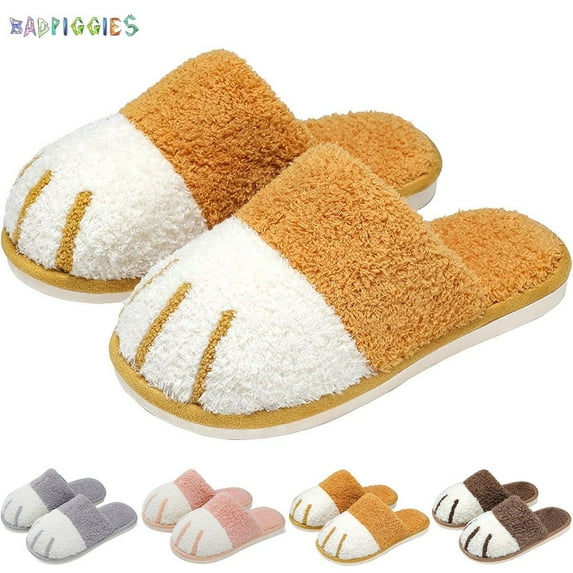 BadPiggies Winter Warm Fleece Slippers, Anti-Slip Cute Animal Paw House Slippers Soft Cozy Plush Shoes for Women Men