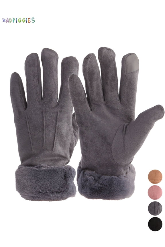 BadPiggies Winter Warm Touch Screen Gloves, Thick Fleece Lining Suede Mittens Velvet Wrist Driving Gloves for Men Women (Gray)
