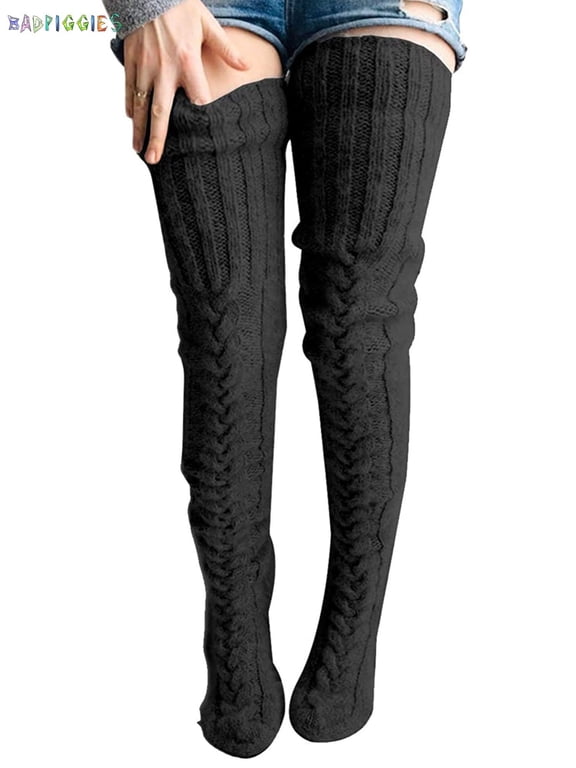 BadPiggies Women Cable Knitted High Socks Extra Long Winter Warm Over The Knee Stockings Thigh High Boot Soft Leg Warmers (Black)