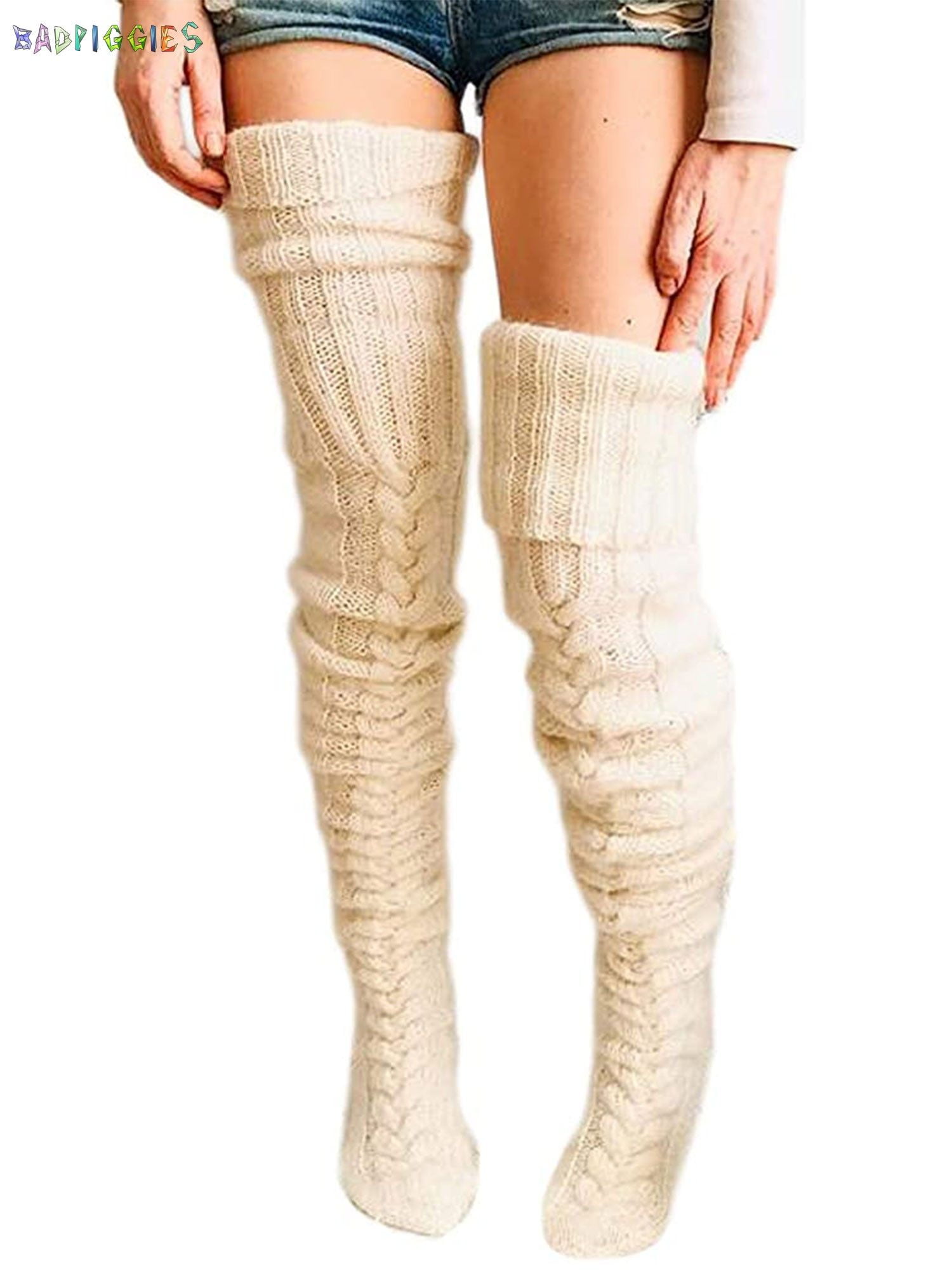 BadPiggies Women Cable Knitted High Socks Extra Long Winter Warm Over The Knee Stockings Thigh High Boot Soft Leg Warmers Cream