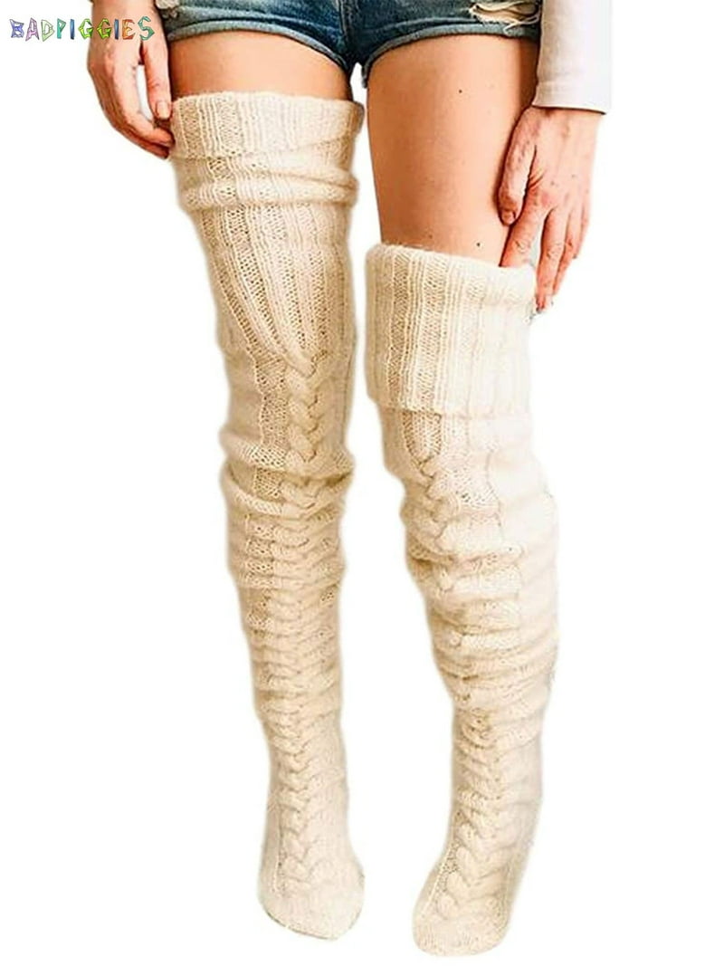 BadPiggies Women Cable Knitted High Socks Extra Long Winter Warm