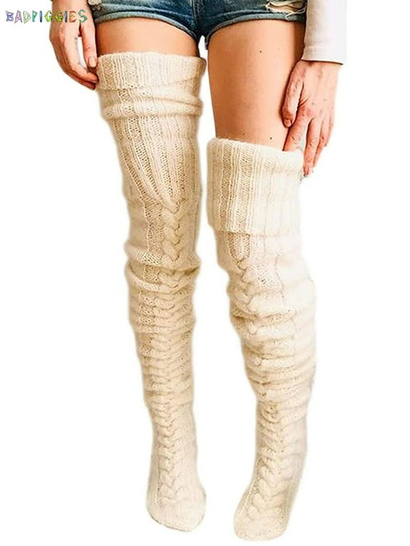 BadPiggies Women Cable Knitted High Socks Extra Long Winter Warm Over The Knee Stockings Thigh High Boot Soft Leg Warmers (Cream)