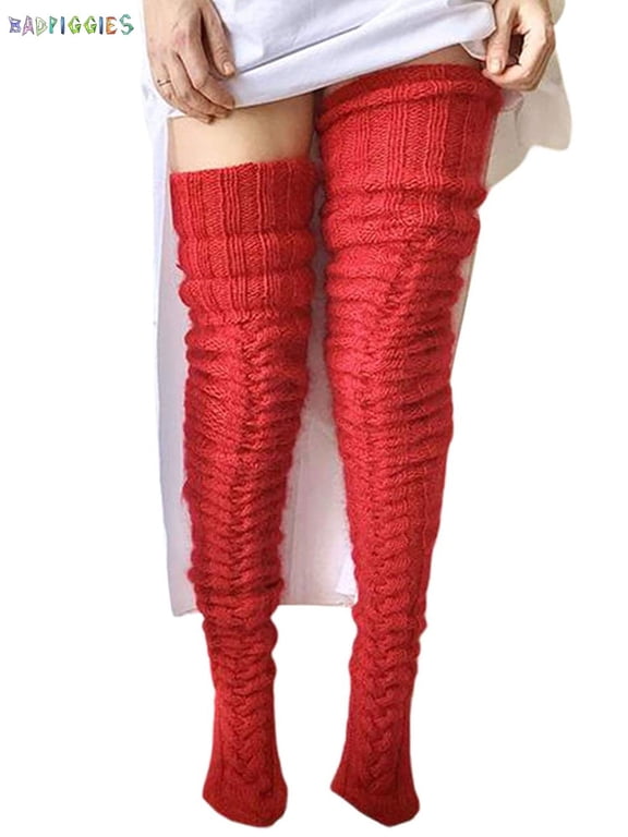 BadPiggies Women Cable Knitted High Socks Extra Long Winter Warm Over The Knee Stockings Thigh High Boot Soft Leg Warmers (Red)