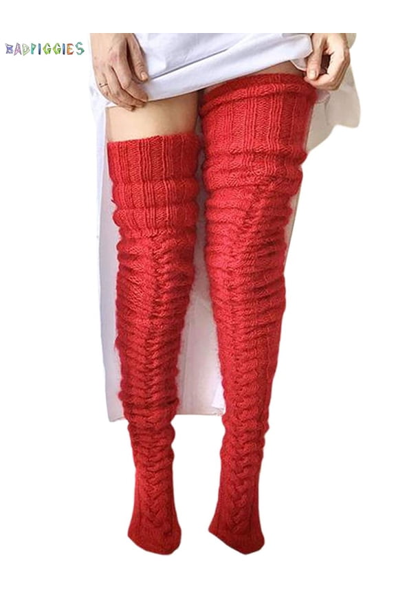 BadPiggies Women Cable Knitted High Socks Extra Long Winter Warm Over The Knee Stockings Thigh High Boot Soft Leg Warmers (Red)