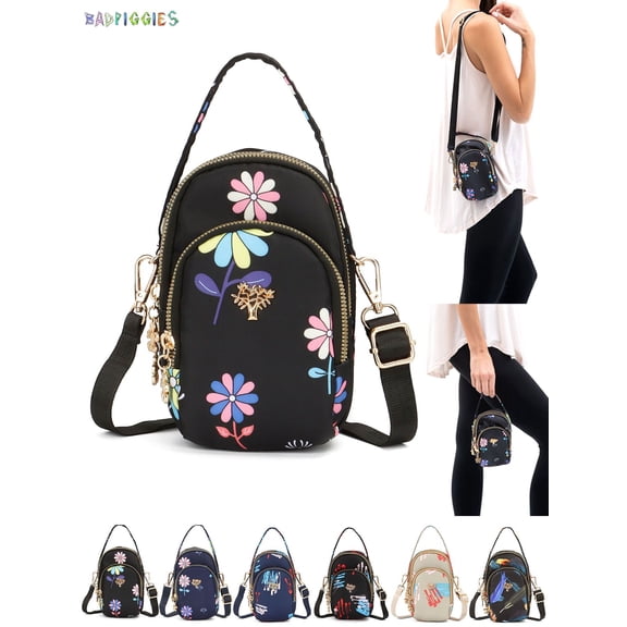 BadPiggies Women Crossbody Cell Phone Purse Pouch, Multicolor Soft Handbag Small Shoulder Bag with Adjustable Strap (Black Flower)