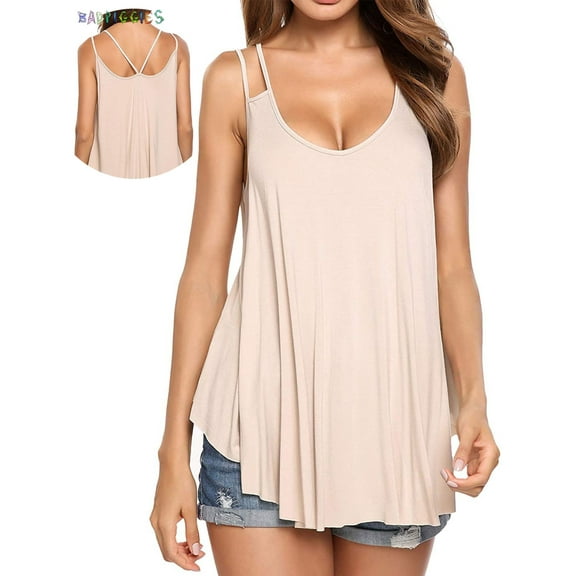 BadPiggies Women Flowy V Neck Sleeveless Tank Tops Summer Sexy Casual Double Spaghetti Straps Camisole Vest (XL, Beige)