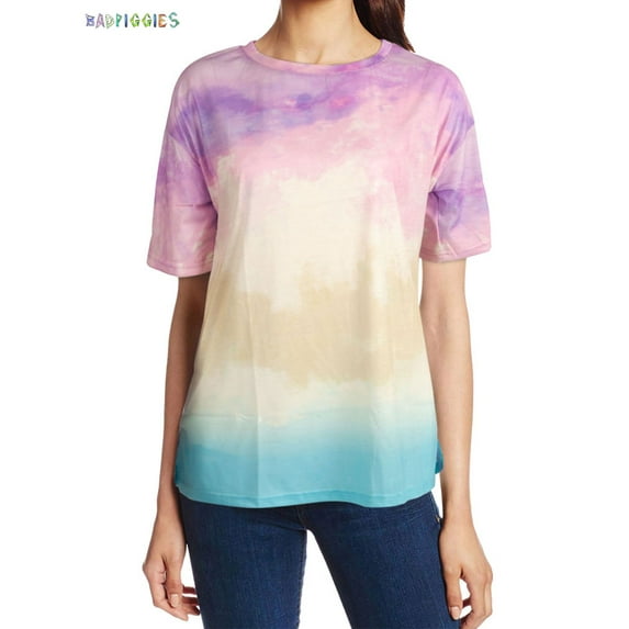 BadPiggies Women Gradient Colorful Short Sleeve T-Shirt Tie Dye Print Casual Round Neck Summer Loose Top (3XL, Pink)