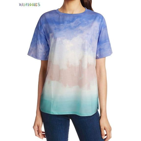 BadPiggies Women Gradient Colorful Short Sleeve T-Shirt Tie Dye Print Casual Round Neck Summer Loose Top (L, Blue)