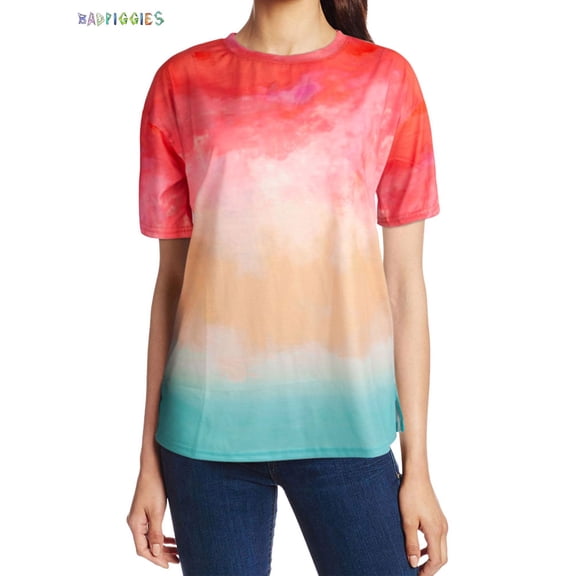 BadPiggies Women Gradient Colorful Short Sleeve T-Shirt Tie Dye Print Casual Round Neck Summer Loose Top (L, Red)
