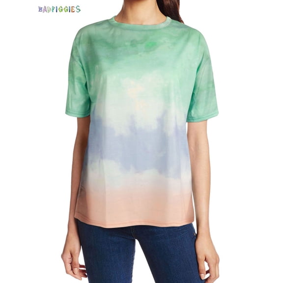 BadPiggies Women Gradient Colorful Short Sleeve T-Shirt Tie Dye Print Casual Round Neck Summer Loose Top (XL, Green)