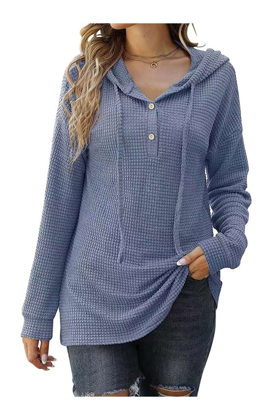 BadPiggies Women Hoodies Waffle Knit Sweater V Neck Drawstring Button Oversized Pullover Tops Casual Long Sleeve Shirts (2XL, Blue)