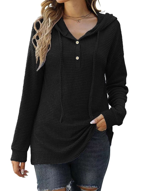 BadPiggies Women Hoodies Waffle Knit Sweater V Neck Drawstring Button Oversized Pullover Tops Casual Long Sleeve Shirts (M, Black)