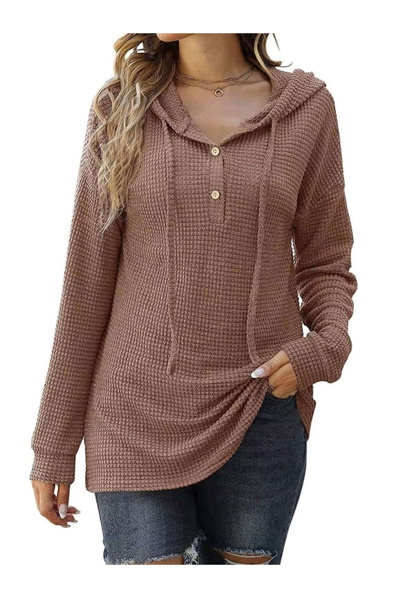 BadPiggies Women Hoodies Waffle Knit Sweater V Neck Drawstring Button Oversized Pullover Tops Casual Long Sleeve Shirts (S, Coffee)