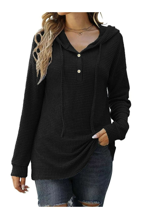 BadPiggies Women Hoodies Waffle Knit Sweater V Neck Drawstring Button Oversized Pullover Tops Casual Long Sleeve Shirts (XL, Black)