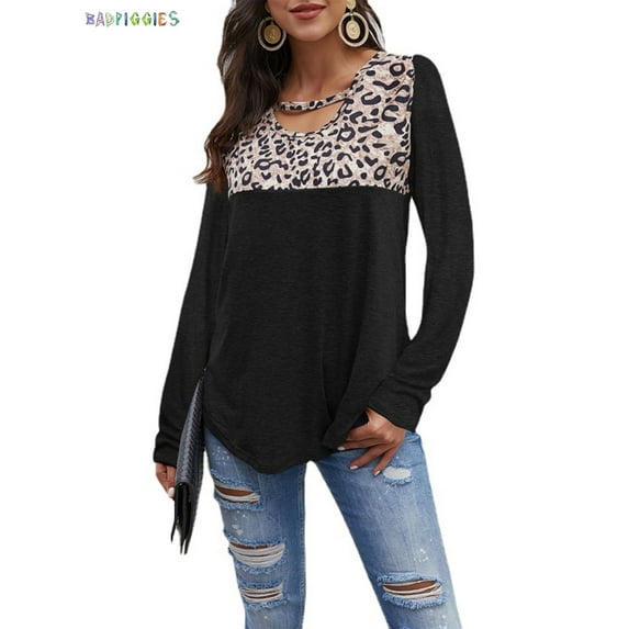 BadPiggies Women Leopard Print Colorblock Long Sleeve Round Neck Casual Blouses Tops (2XL, Black)