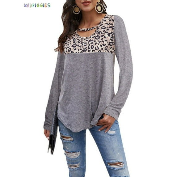 BadPiggies Women Leopard Print Colorblock Long Sleeve Round Neck Casual Blouses Tops (2XL, Gray)