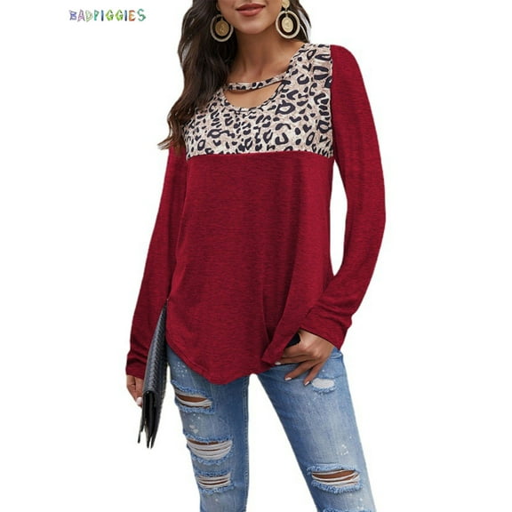 BadPiggies Women Leopard Print Colorblock Long Sleeve Round Neck Casual Blouses Tops (2XL, Red)