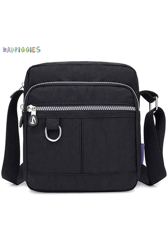 BadPiggies Women Nylon Purse Crossbody Bag Handbag Waterproof Casual Shoulder Bag with Zipper Pockets (Black)